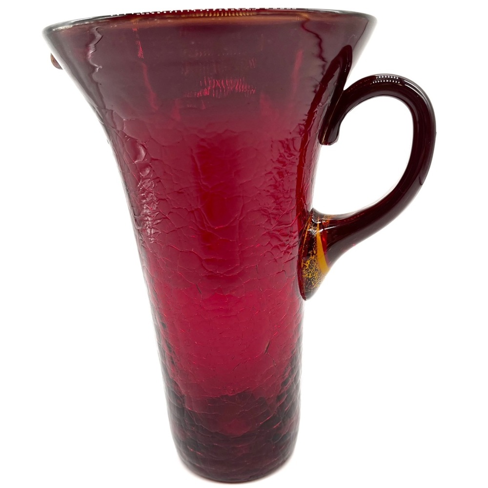 Vintage MCM Red Crackle Glass Pitcher Germany Art Glass Vase Pontic Mark